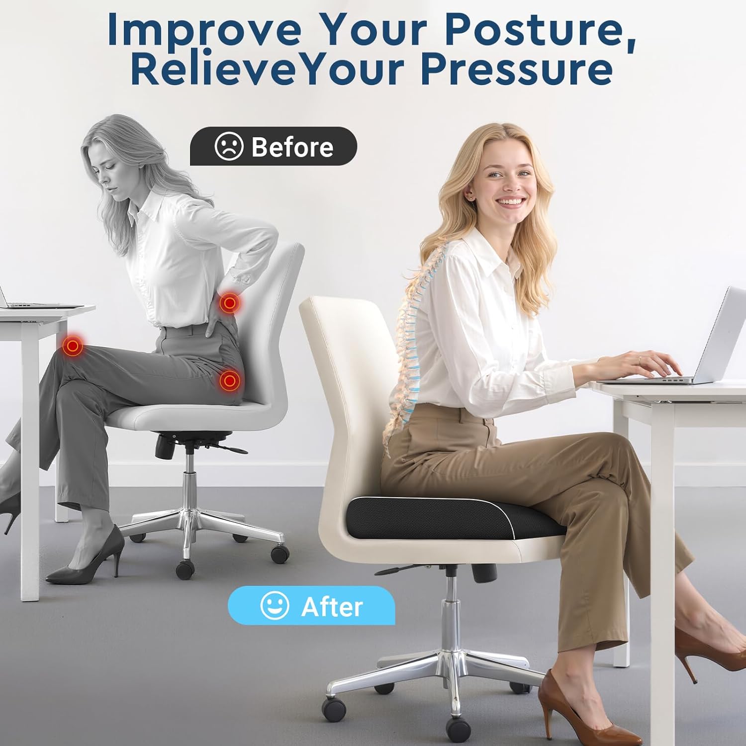 Seat Cushion, Memory Foam Office Chair Cushions for Long Sitting Hours, Chair Pad for Sciatica, Coccyx, Tailbone, Hip Pain & Pressure Relief, Office, Home, Car Seats, Airplane, Black/Large