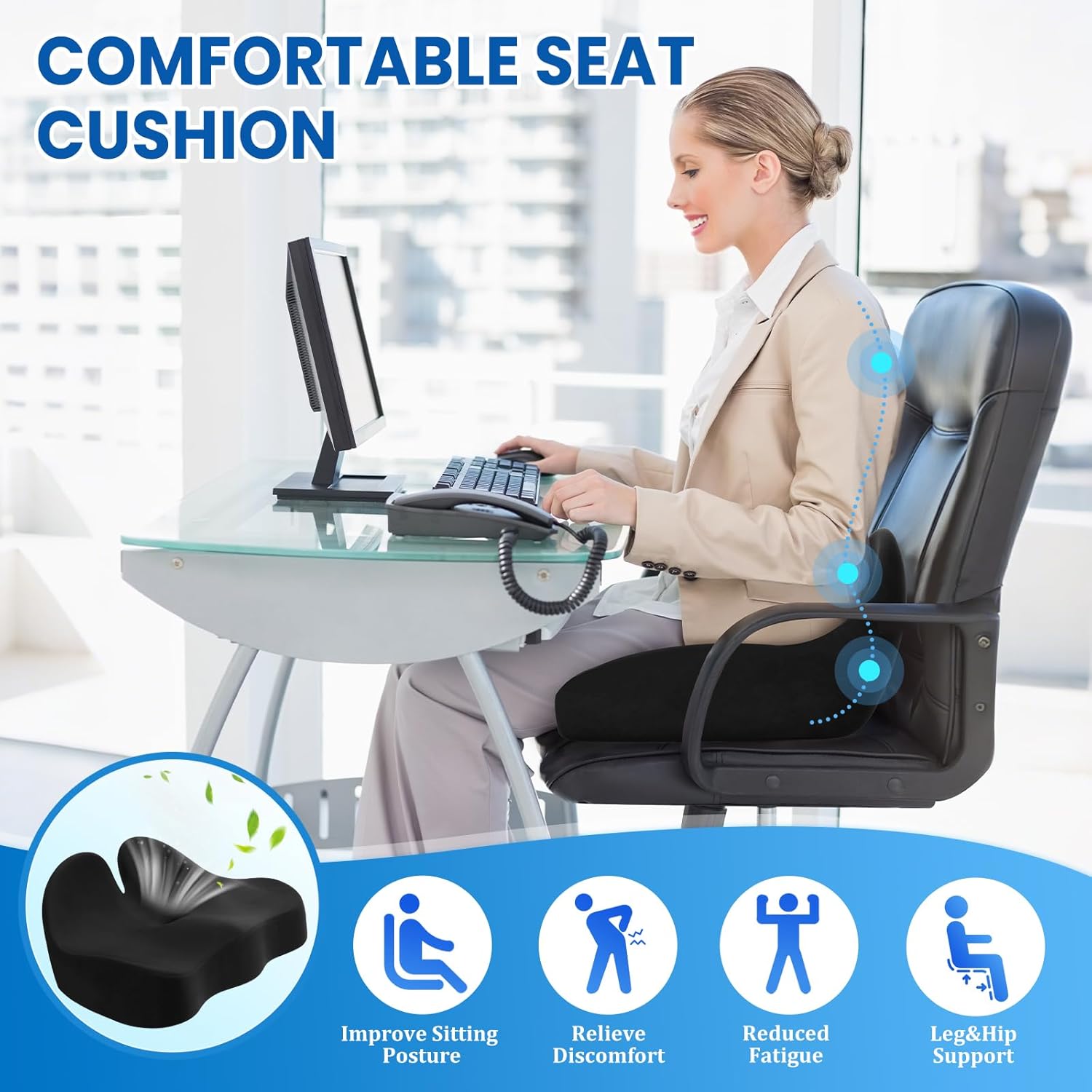 CushZone Seat Cushion, Ergonomic Memory Foam Seat Cushions for Office Chairs, Car, Long Trip, Desk Chair, Lab, Extra Large Size for Sciatica & Hip & Tailbone Pain Relief, Sciatica Support (Black)