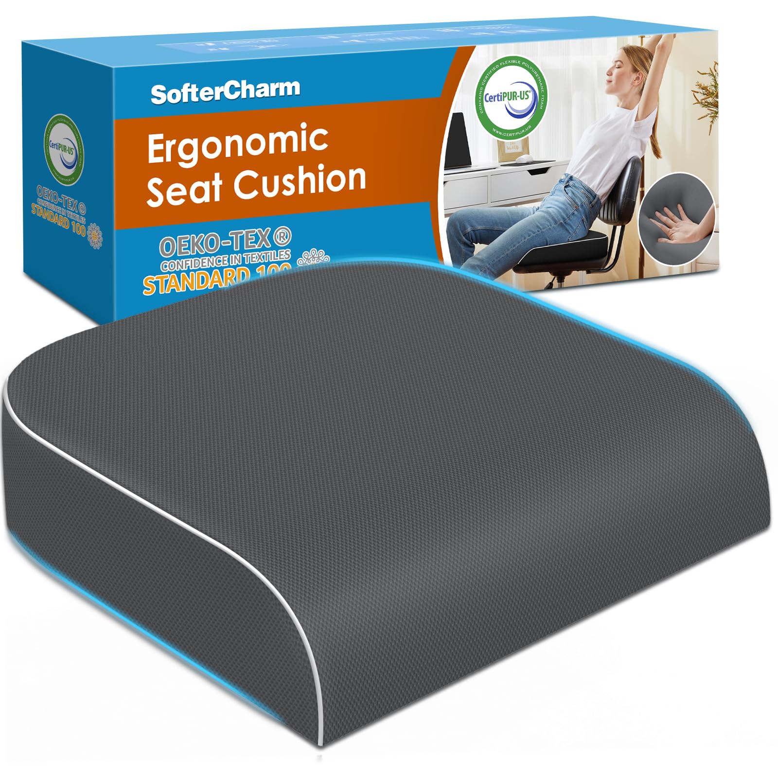 Seat Cushion, Memory Foam Office Chair Cushions for Long Sitting Hours, Chair Pad for Sciatica, Coccyx, Tailbone, Hip Pain & Pressure Relief, Office, Home, Car Seats, Airplane, Black/Large