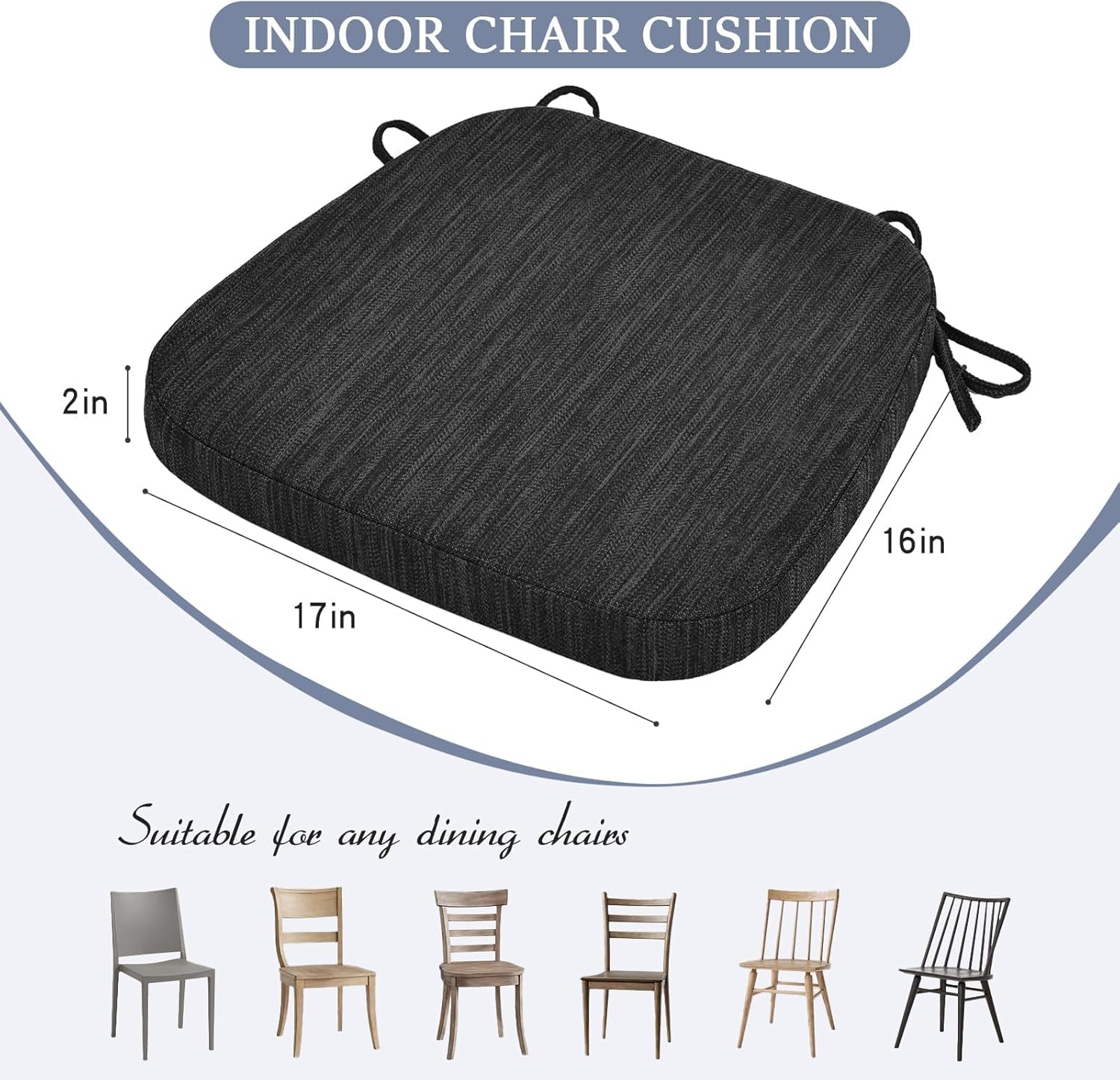 baibu Kitchen Chair Cushions, Dual-Layer Patented Design Molded Memory Foam Dining Chair Pads with Ties and Washable Cover, 17" x 16" x 2", Black