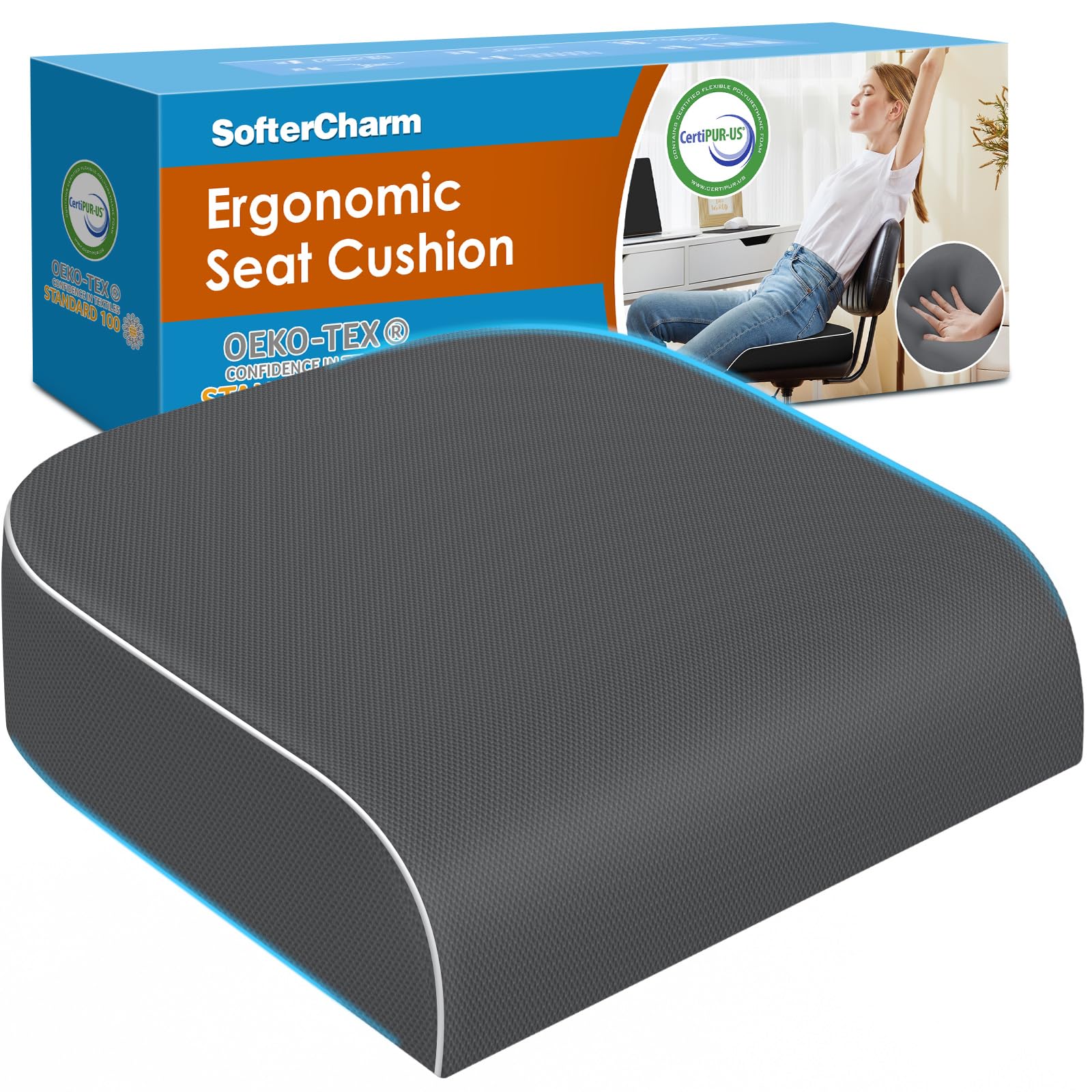 Seat Cushion, Memory Foam Office Chair Cushions for Long Sitting Hours, Chair Pad for Sciatica, Coccyx, Tailbone, Hip Pain & Pressure Relief, Office, Home, Car Seats, Airplane, Black/Large