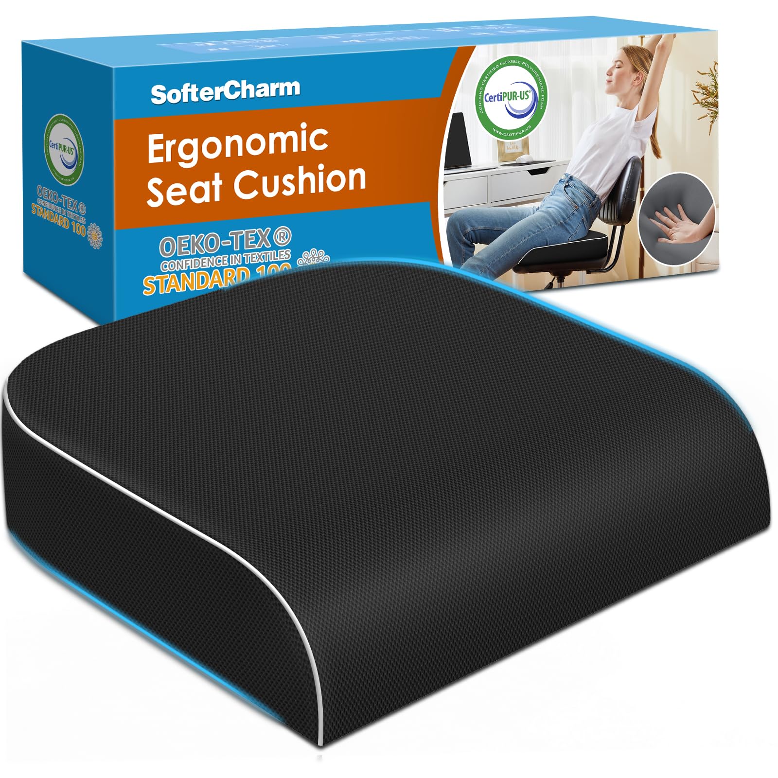 Seat Cushion, Memory Foam Office Chair Cushions for Long Sitting Hours, Chair Pad for Sciatica, Coccyx, Tailbone, Hip Pain & Pressure Relief, Office, Home, Car Seats, Airplane, Black/Large