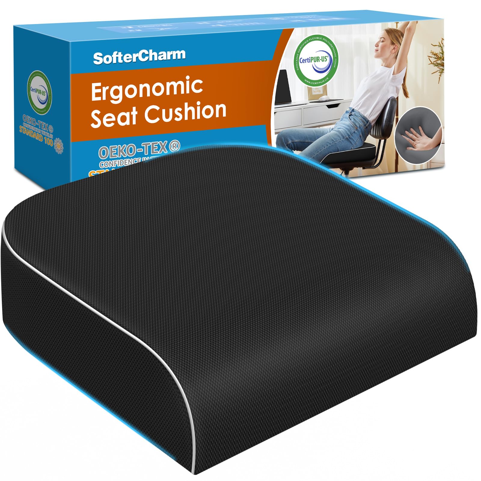 Seat Cushion, Memory Foam Office Chair Cushions for Long Sitting Hours, Chair Pad for Sciatica, Coccyx, Tailbone, Hip Pain & Pressure Relief, Office, Home, Car Seats, Airplane, Black/Large