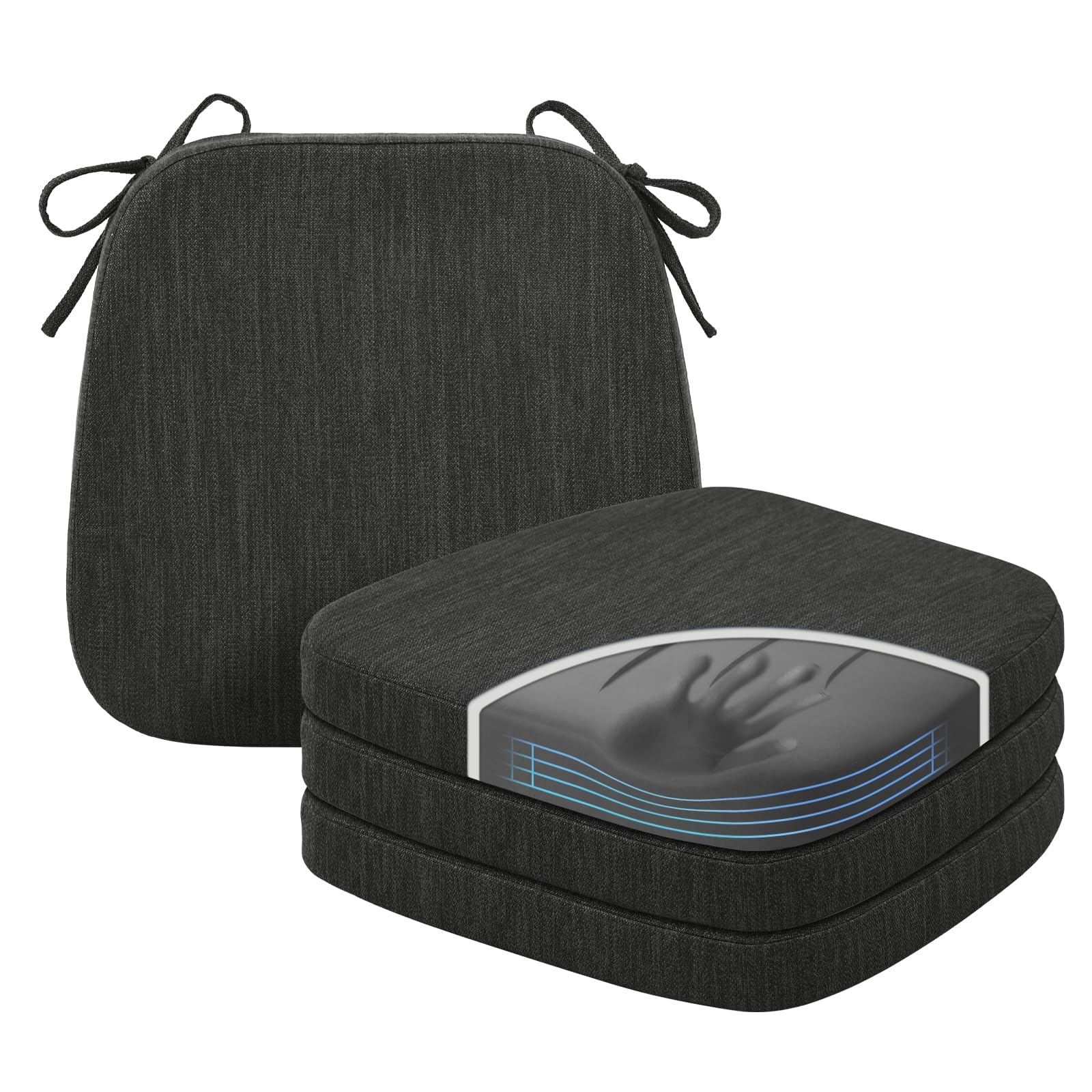 baibu Kitchen Chair Cushions, Dual-Layer Patented Design Molded Memory Foam Dining Chair Pads with Ties and Washable Cover, 17" x 16" x 2", Black