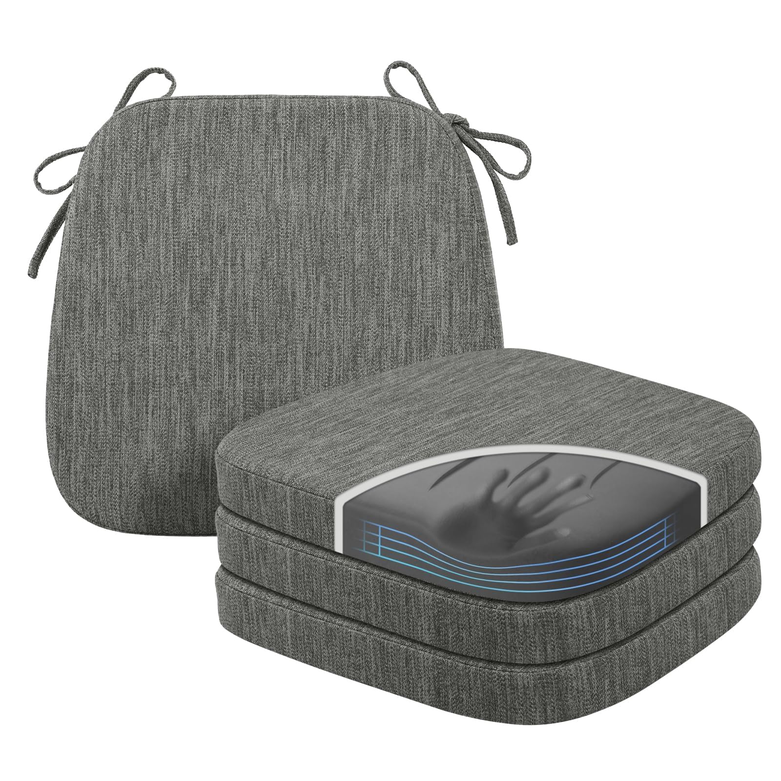 baibu Kitchen Chair Cushions, Dual-Layer Patented Design Molded Memory Foam Dining Chair Pads with Ties and Washable Cover, 17" x 16" x 2", Black